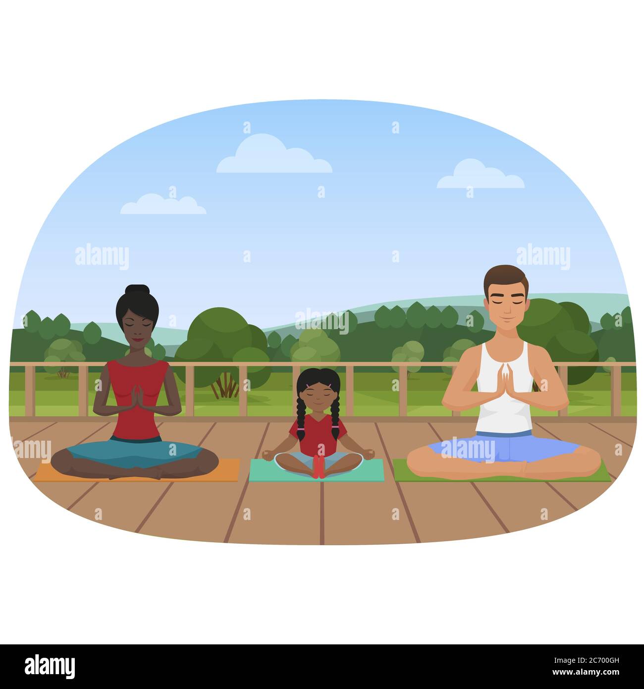 Illustrazione vettoriale della famiglia multietnica seduta sui tappetini e meditating. Yoga per la famiglia Illustrazione Vettoriale