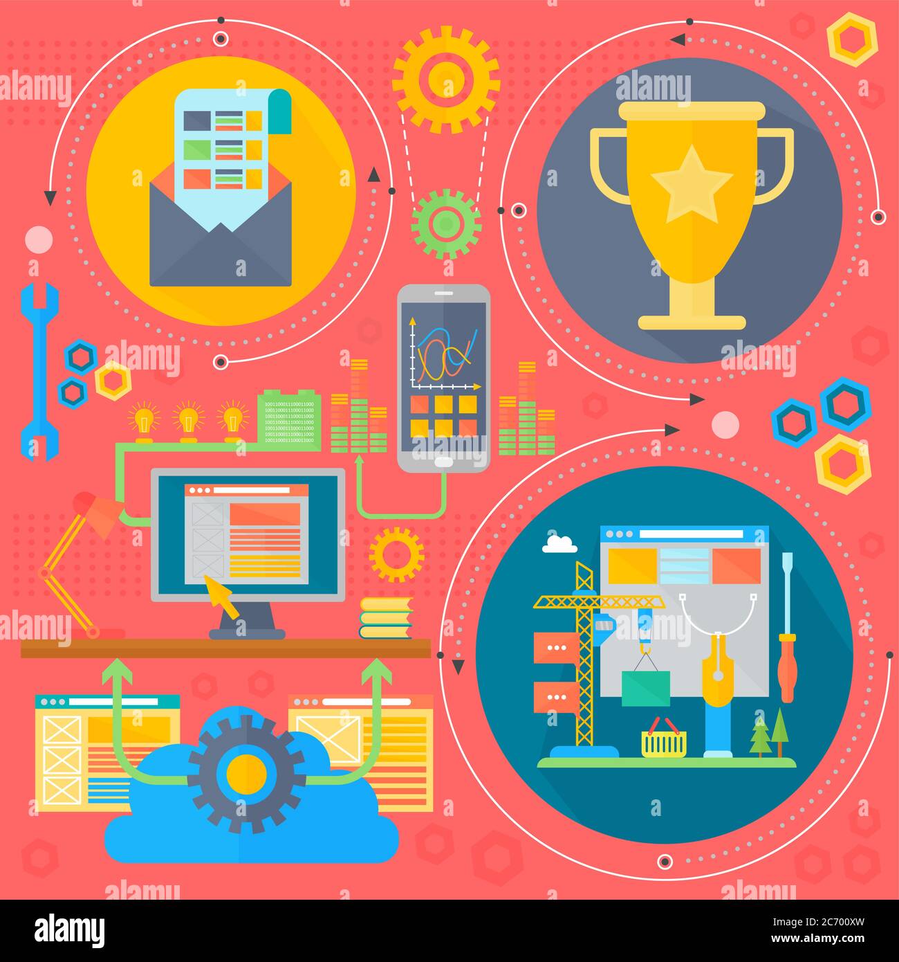 SEO e sviluppo concept design infografiche icone modello in cerchi design, seo ottimizzazione elementi web, poster banner vettore illustrazione Illustrazione Vettoriale SEO e sviluppo concept design infografiche icone modello in cerchi design, seo ottimizzazione elementi web, poster banner vettore illustrazione Illustrazione Vettoriale
