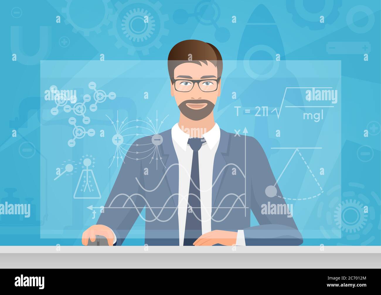 Uomo con bearded fisico che fa la formula di grafici sull'illustrazione vettoriale del computer. Tecnologia fisica Illustrazione Vettoriale