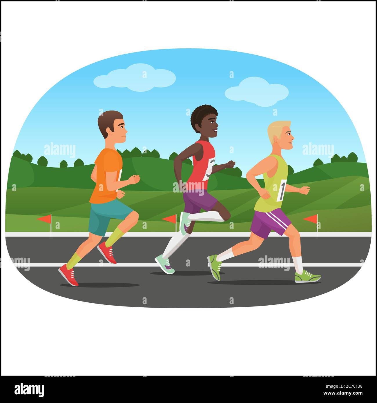 Tre giovani sportivi che corrono all'aperto. Jogging persone maratona. Bianchi e neri che corrono insieme Illustrazione Vettoriale