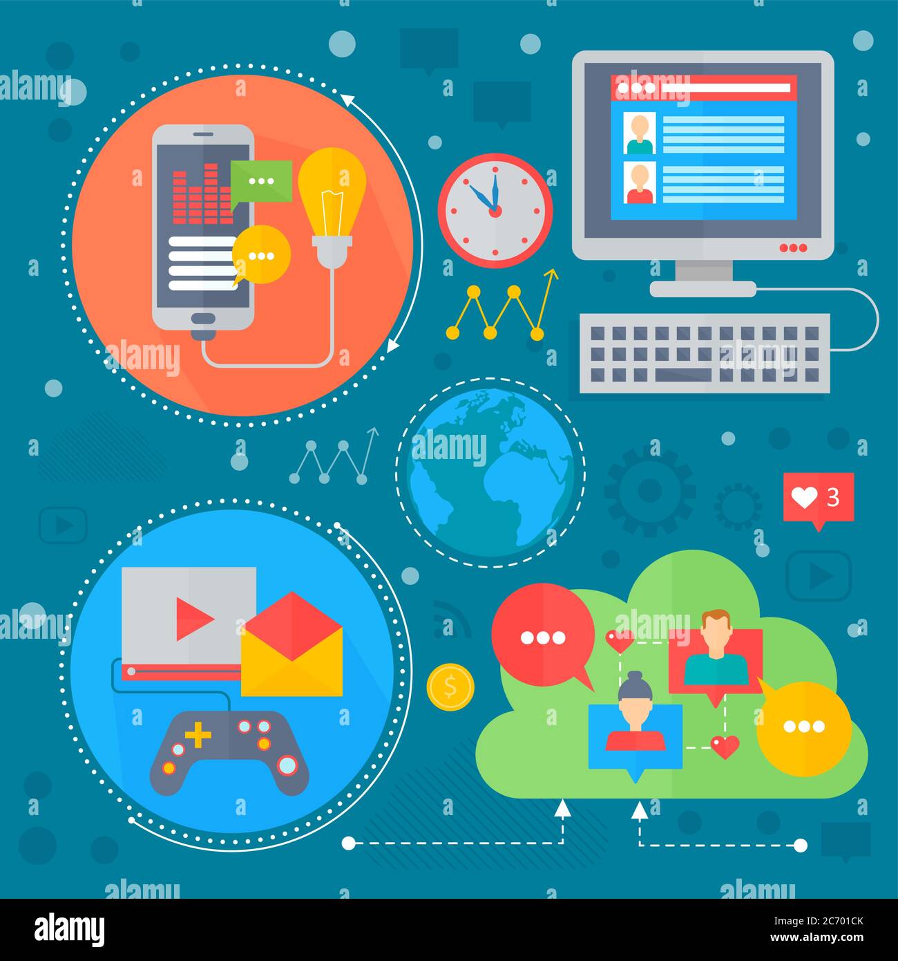 Progettazione di concetto flat di social network e social media. Icone dei supporti in cerchi. Design del banner del modello di infografica del marketing digitale. Illustrazione vettoriale Illustrazione Vettoriale