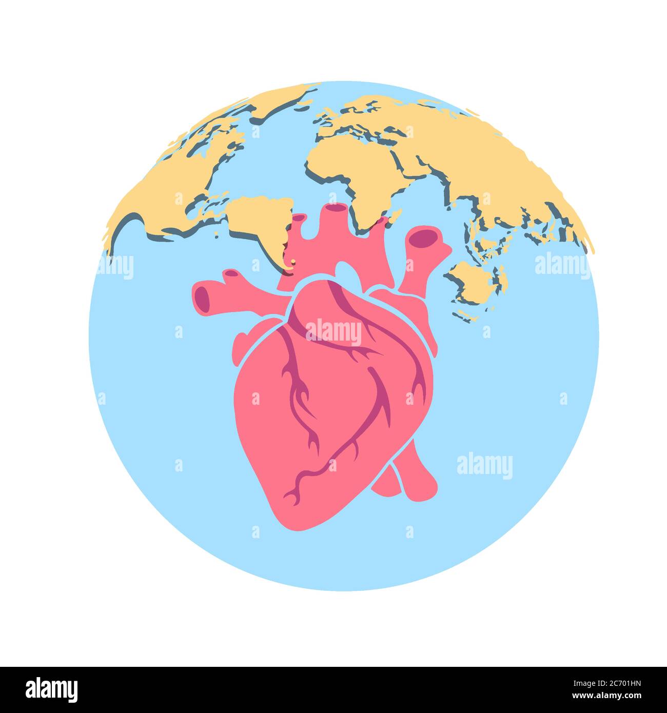 Mappa mondiale illustrazione del vettore del cuore umano. Concetto globale di salute umana di razza. Una terra un cuore. Illustrazione Vettoriale