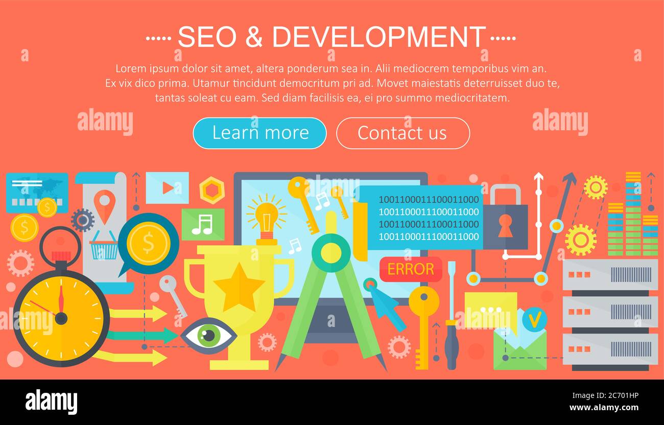 SEO e sviluppo concetto di progettazione infografica modello di progettazione, web header seo icone elementi. Illustrazione vettoriale Illustrazione Vettoriale SEO e sviluppo concetto di progettazione infografica modello di progettazione, web header seo icone elementi. Illustrazione vettoriale Illustrazione Vettoriale