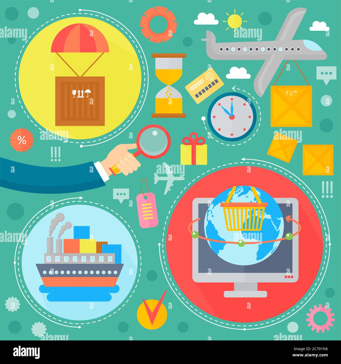 Shopping online, marketing mobile e marketing digitale infografiche icone modello in cerchi design, web header e-commerce icone. Illustrazione vettoriale Illustrazione Vettoriale