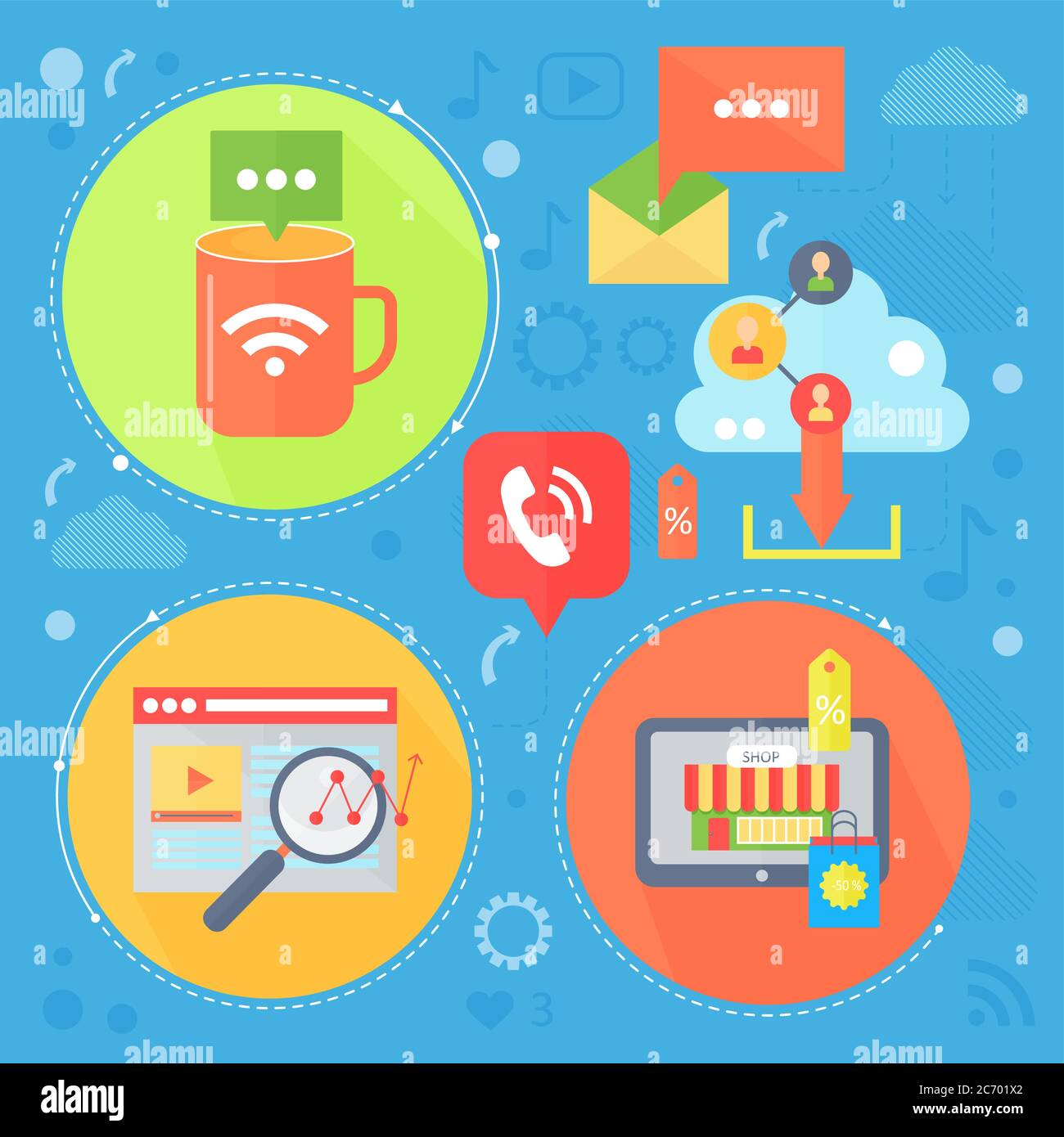 Progettazione di concetto flat di social network e social media. Icone dei supporti in cerchi. Design del banner del modello di infografica del marketing digitale. Illustrazione vettoriale Illustrazione Vettoriale