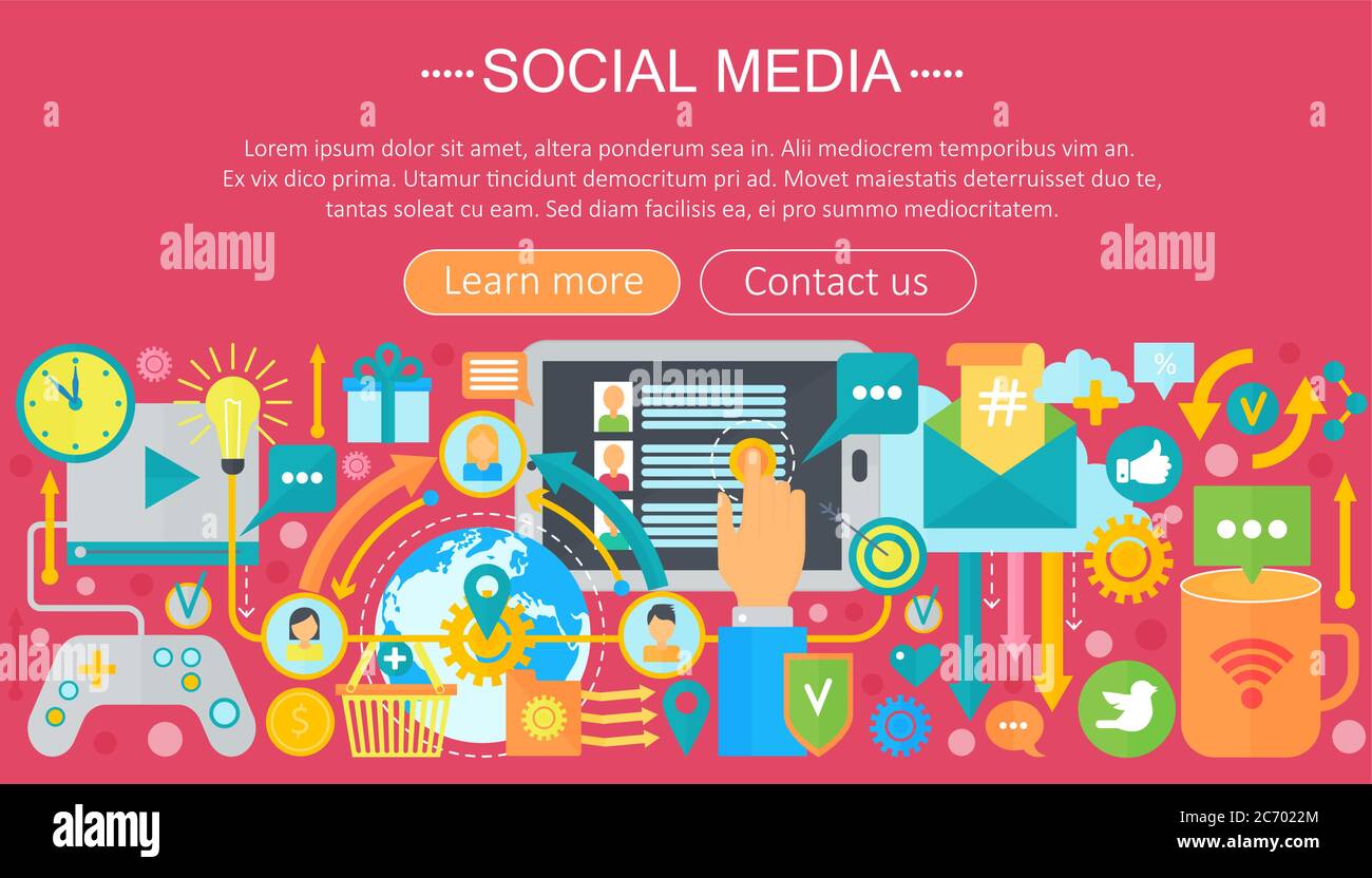 Design moderno e piatto concetto di social media. Icone dei social media intestazione del sito Web, poster di progettazione delle app. Modello di infografica di marketing digitale. Illustrazione vettoriale Illustrazione Vettoriale