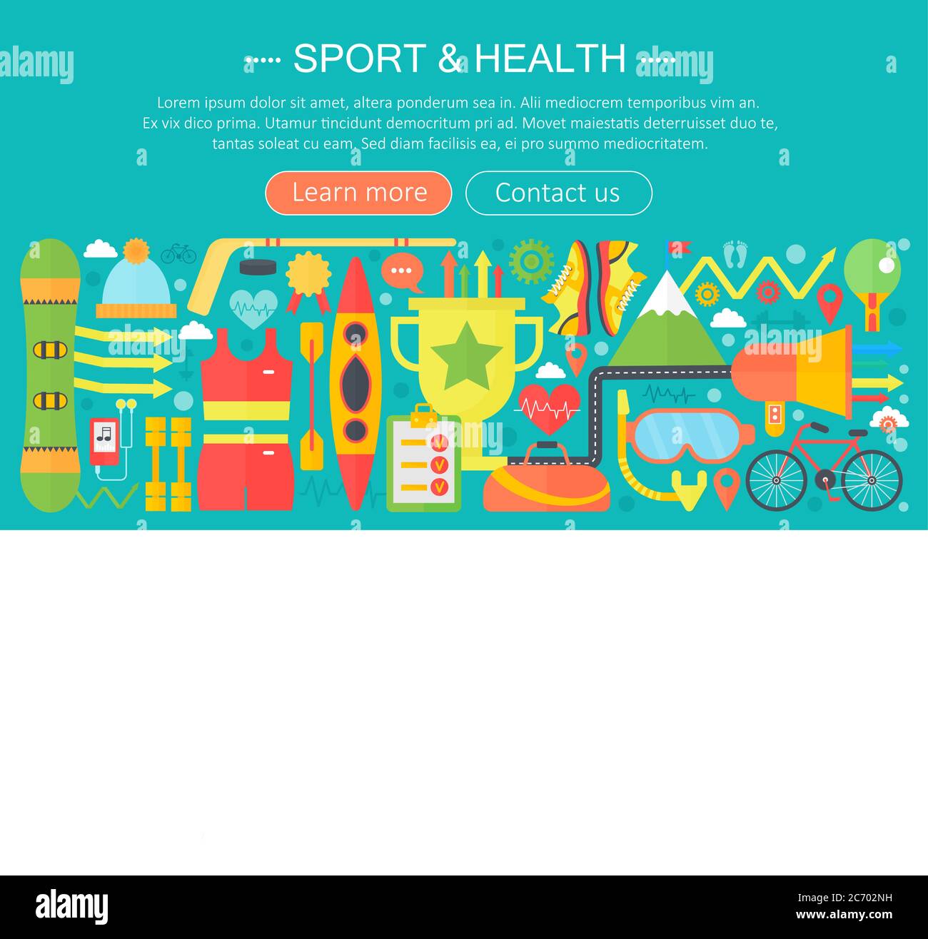 Concetto di stile di vita sano con icone di cibo e sport. Design della testata a modello infografica di concetto piatto per lo sport e il fitness. Illustrazione vettoriale Illustrazione Vettoriale