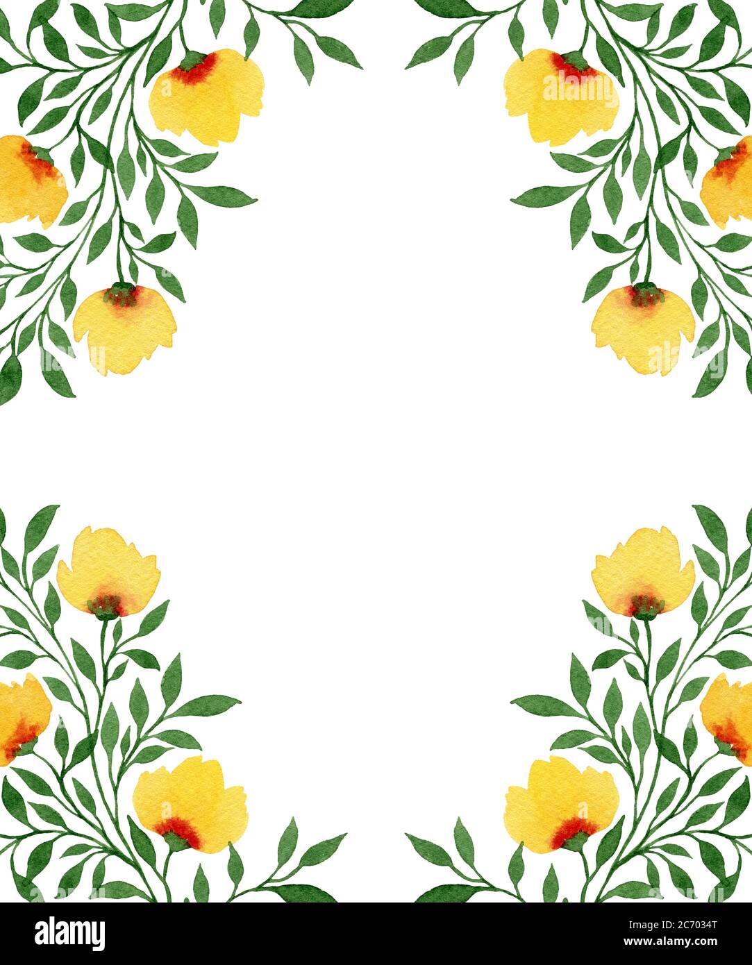 fiori gialli selvatici e rami verdi cornice, grande primavera decorazione floreale cornice per le schede, saluti, e inviti, illustrazione botanica Foto Stock