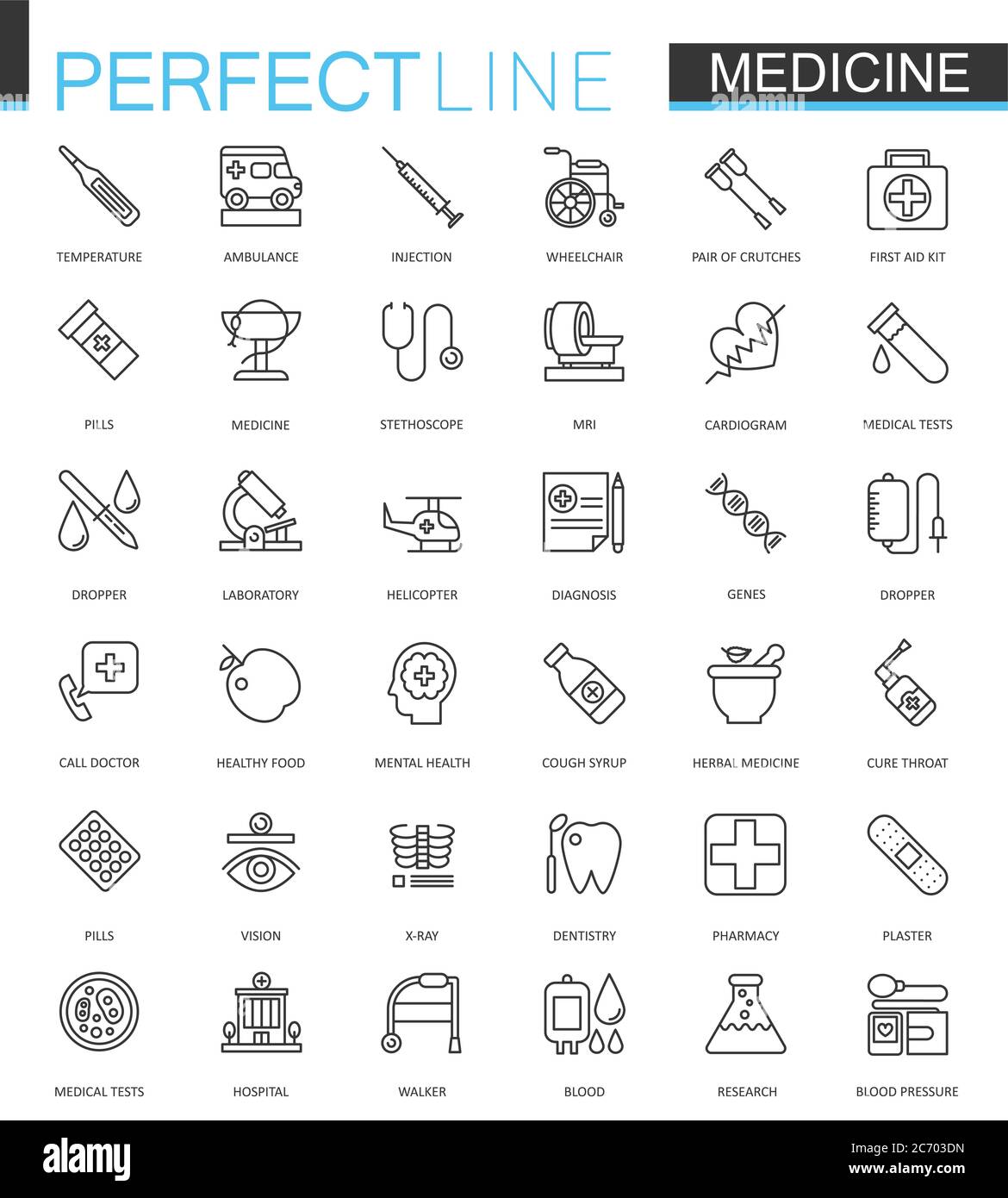 Set di icone web sottili per il settore medico e sanitario. Struttura icona design Illustrazione Vettoriale