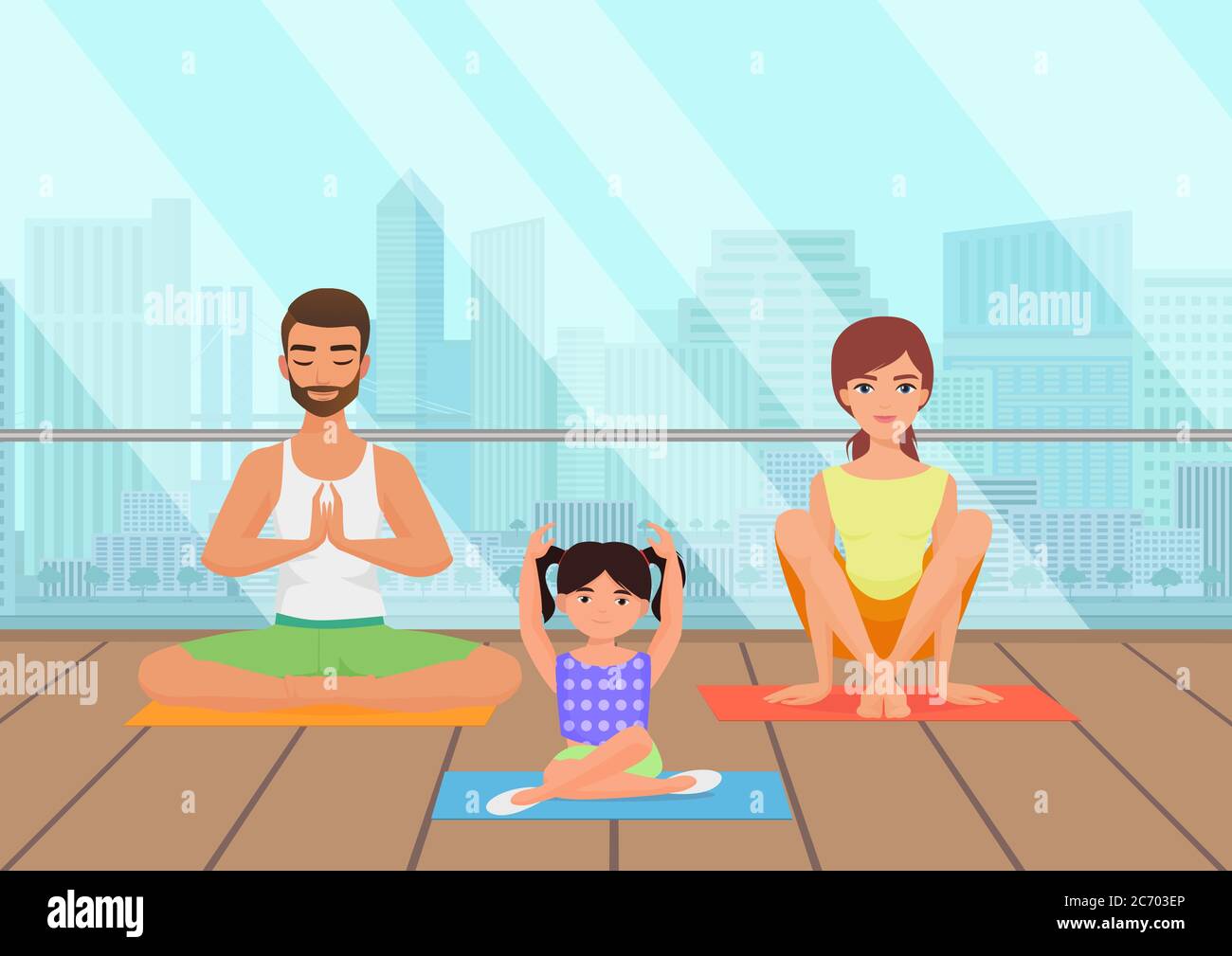 Giovani bianchi famiglia meditando in sala fitness sullo sfondo della città Illustrazione Vettoriale