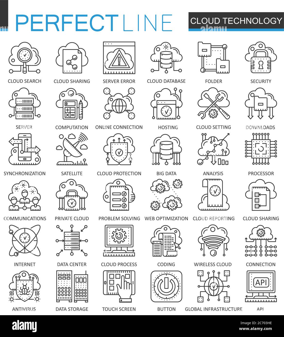 I servizi di tecnologia dati cloud delineano i simboli concettuali. Icone sottili perfette. Set di illustrazioni stile lineare a corsa moderna Illustrazione Vettoriale