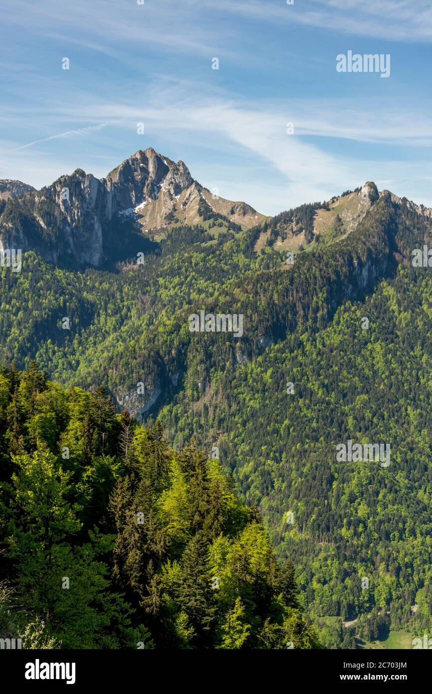 Mont Billiat, col de Trechauffe. Geopark Chablais UNESCO e vista sulla valle di Abondance, alta Savoia, Auvergne Rodano Alpi, Francia Foto Stock