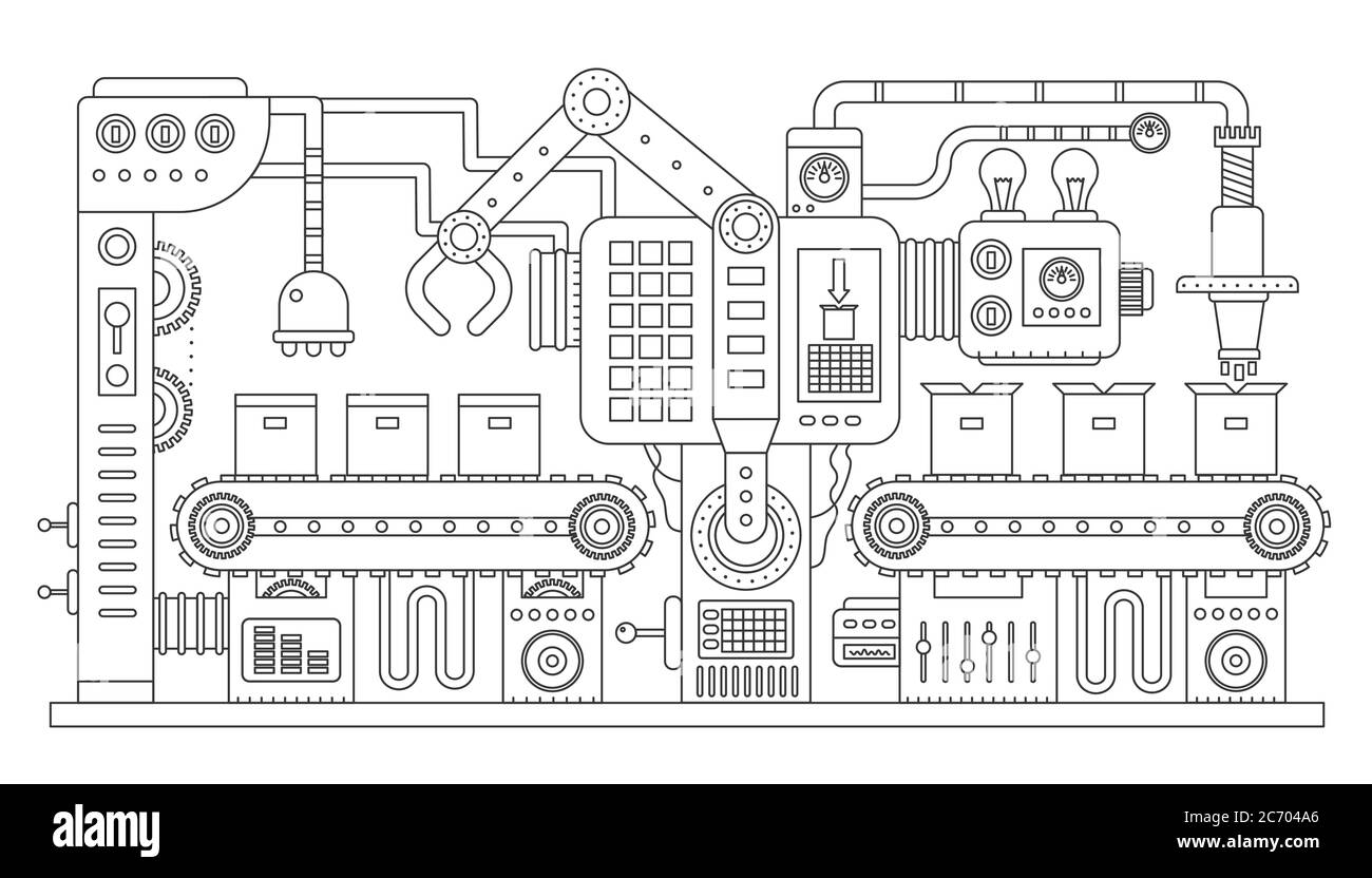 Illustrazione vettoriale del profilo della linea del nastro trasportatore industriale. Produzione astratta di macchine per il processo di trasporto. Stile linea di attacco Illustrazione Vettoriale