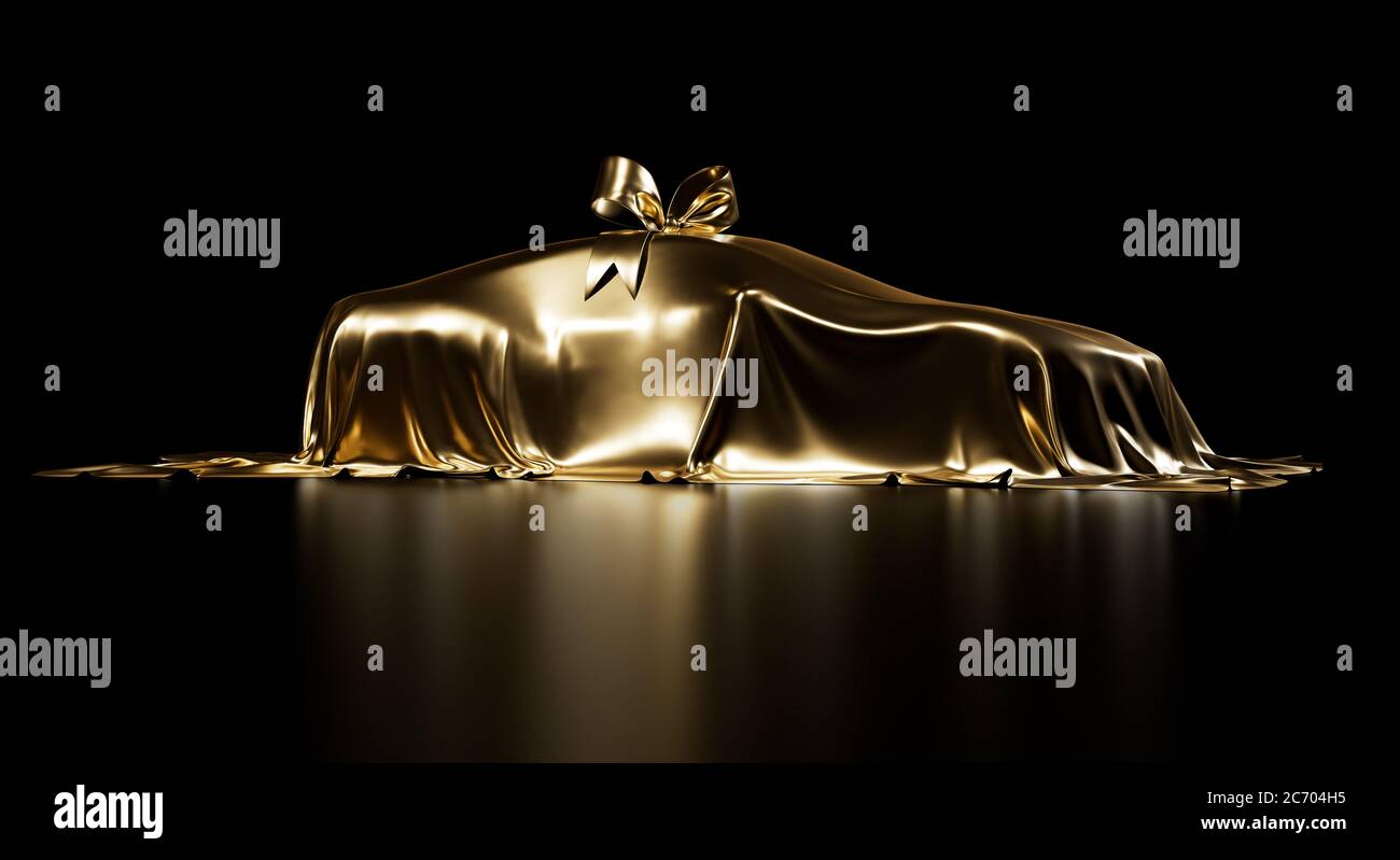 Costoso regalo di automobile coperto da tessuto lucido dorato con fiocco-nodo isolato su uno sfondo nero studio. Lusso a sorpresa. Illustrazione fotorealistica 3D Foto Stock