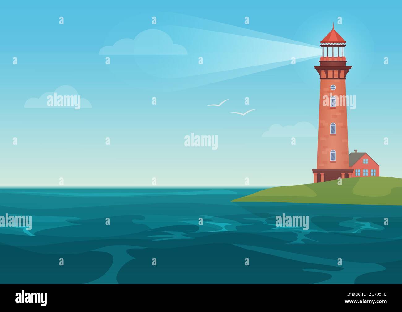 Faro sul piccolo paesaggio di cartoni animati isola. Beacon in Ocean per l'illustrazione del vettore di navigazione Illustrazione Vettoriale