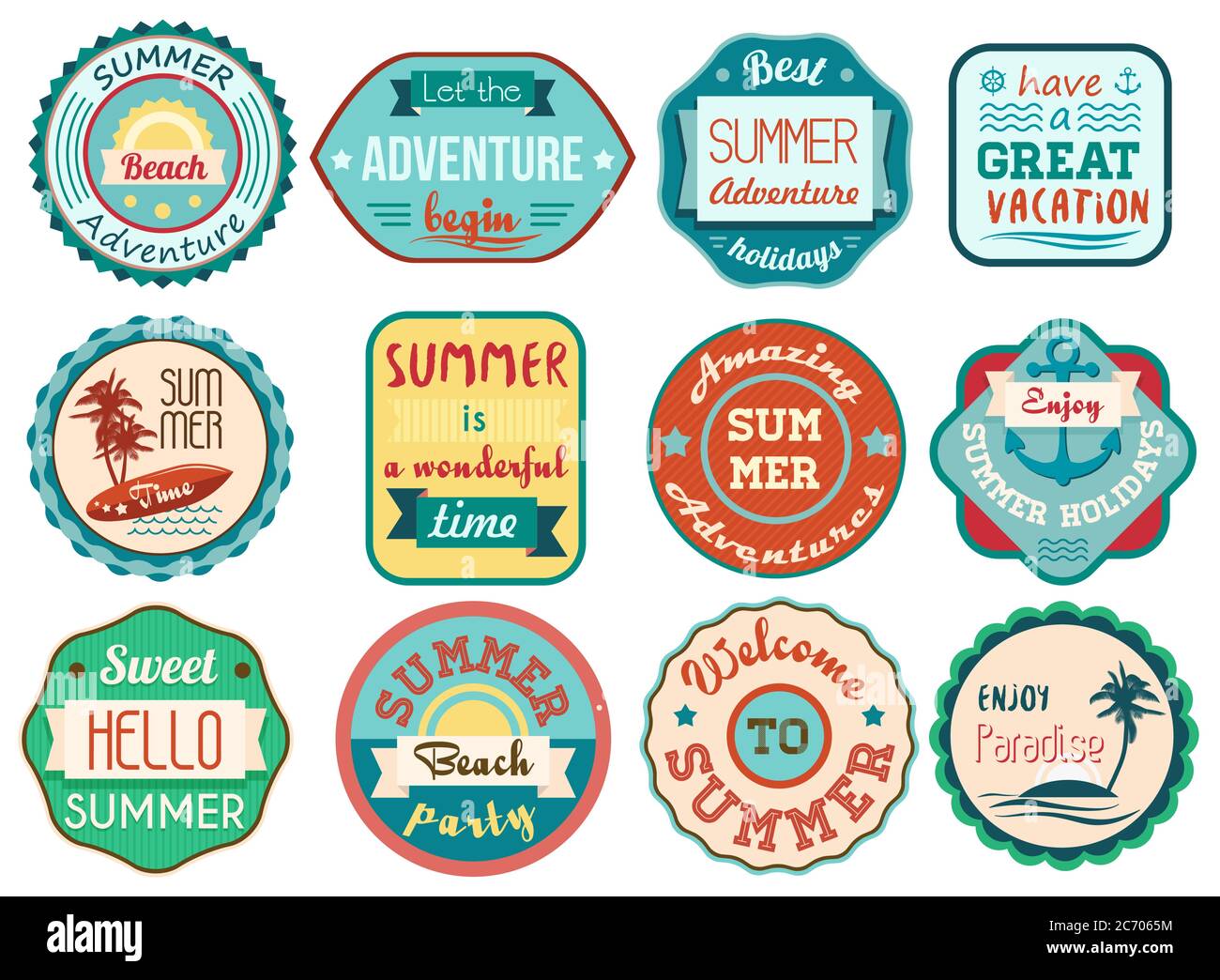 Etichette e badge per i viaggi estivi vintage retro grunge. Set di icone adesivi Illustrazione Vettoriale
