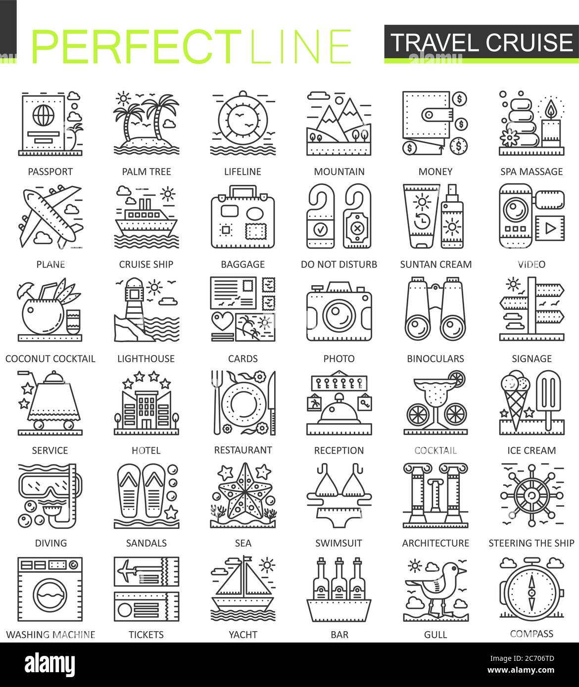 Simboli di concetto di crociera di viaggio. Icone sottili perfette. Set di illustrazioni di stile lineare a tratti moderno Illustrazione Vettoriale