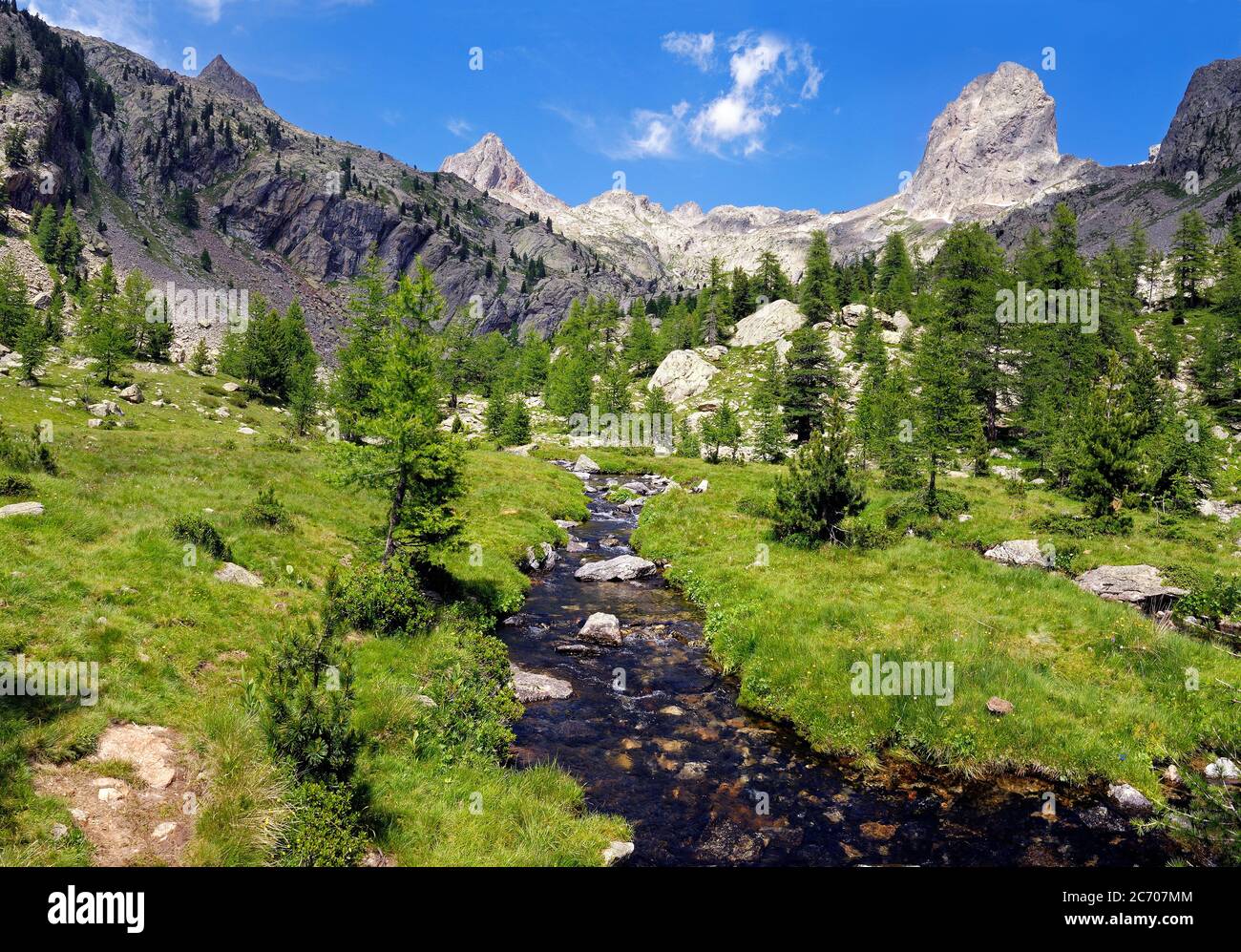 torrente di montagna nel Caïres de la Cougourde, nel Parco Nazionale del Mercantour, nella Haute Vésubie in Francia Foto Stock
