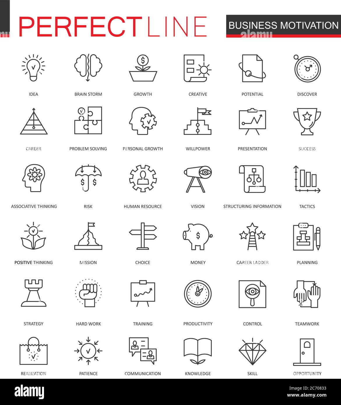 Le icone di Web di sottile linea di motivazione di affari si sono impostate. Organizzazione della disciplina delineare le icone del tratto Illustrazione Vettoriale