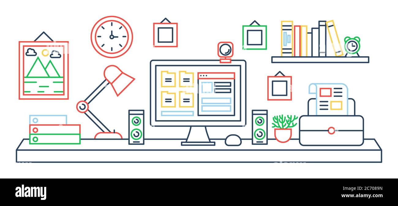 Immagine vettoriale del tavolo da ufficio a colori singolo con riga nera e computer. Stile contorno colore Illustrazione Vettoriale