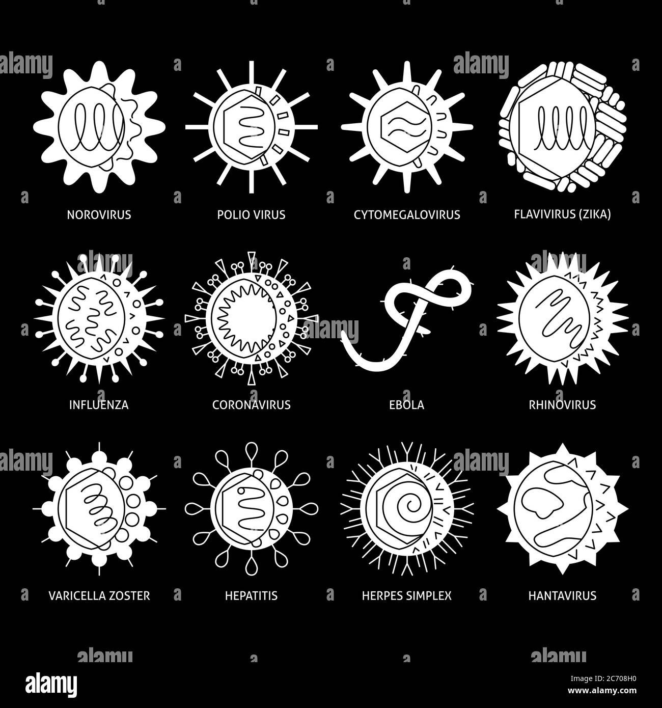 Set di icone dei tipi di virus. Raccolta di simboli di silhouette per i patogeni delle malattie umane. Illustrazione vettoriale. Illustrazione Vettoriale