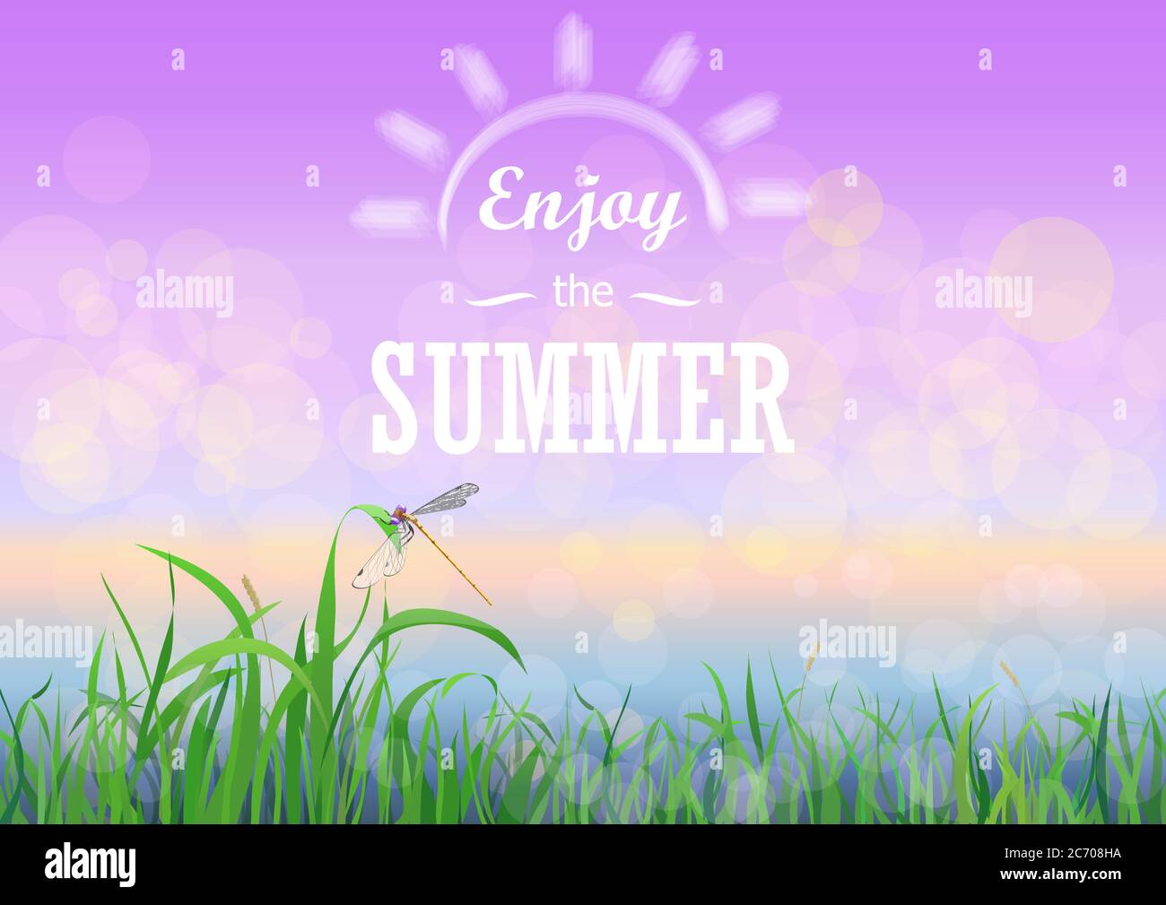Erba verde con cielo tramonto bokeh. Godetevi le vacanze estive testo sulla natura floreale estate primavera sfondo Illustrazione Vettoriale