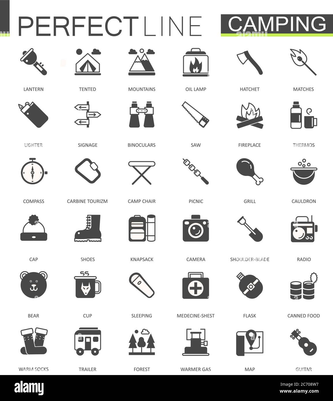 Escursioni e viaggi campeggio nero classico web icone set Illustrazione Vettoriale