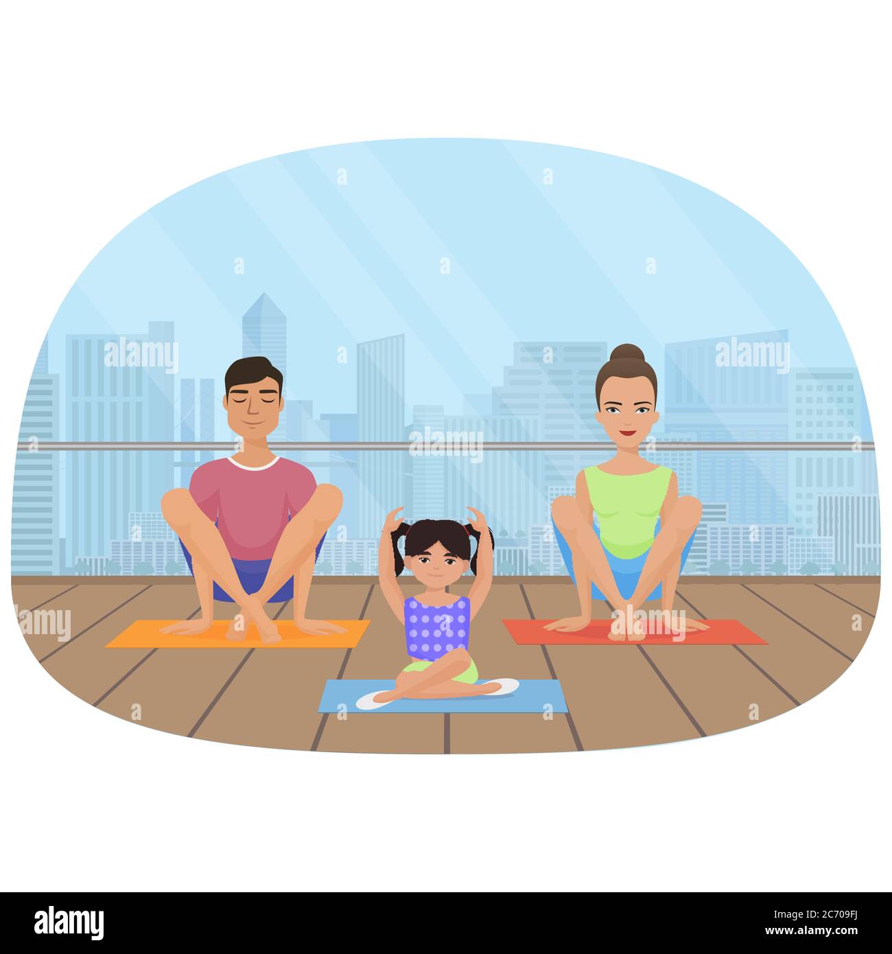 Giovani bianchi famiglia meditando in sala fitness sullo sfondo della città Illustrazione Vettoriale