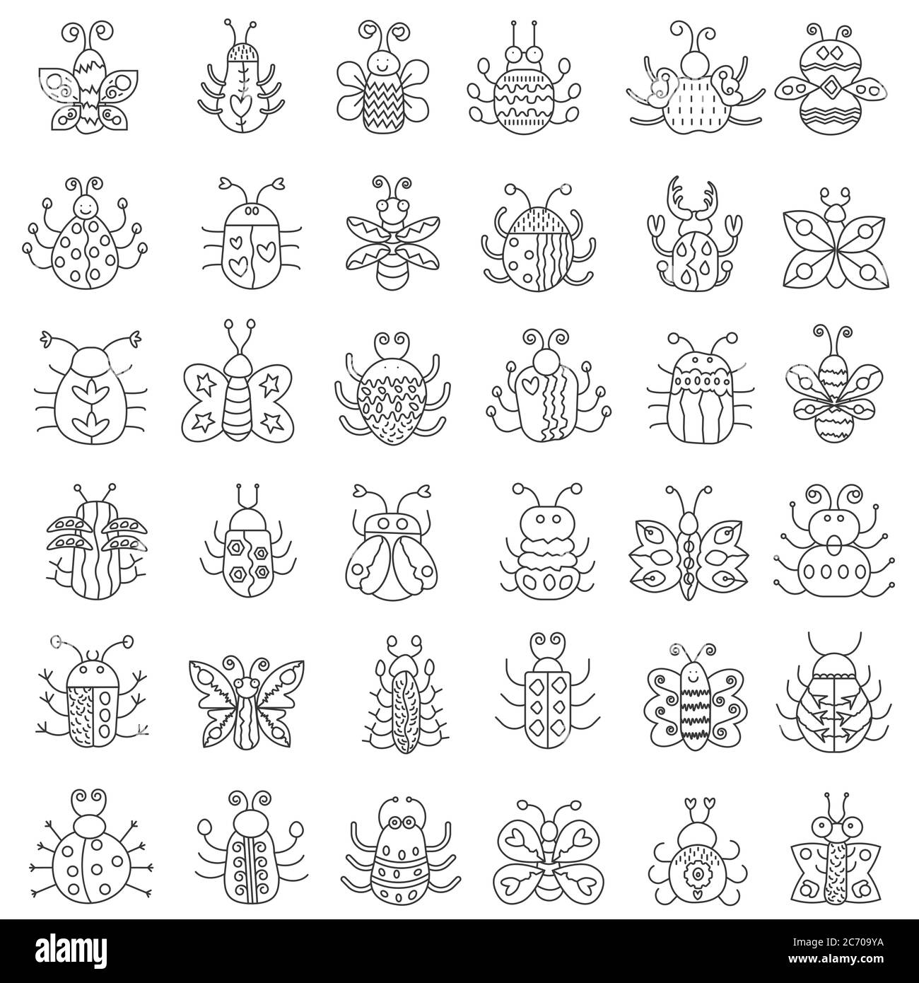 Set di icone insetti a linea sottile. Contorno farfalla, bug raccolta Illustrazione Vettoriale