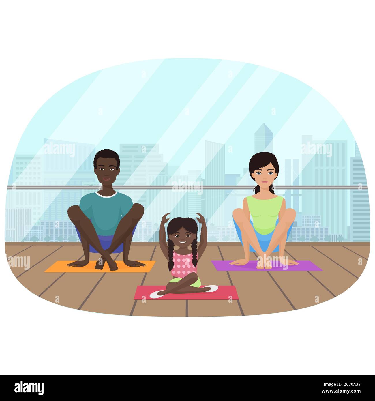 Illustrazione vettoriale della famiglia multietnica che medita nella sala fitness sullo sfondo della città Illustrazione Vettoriale