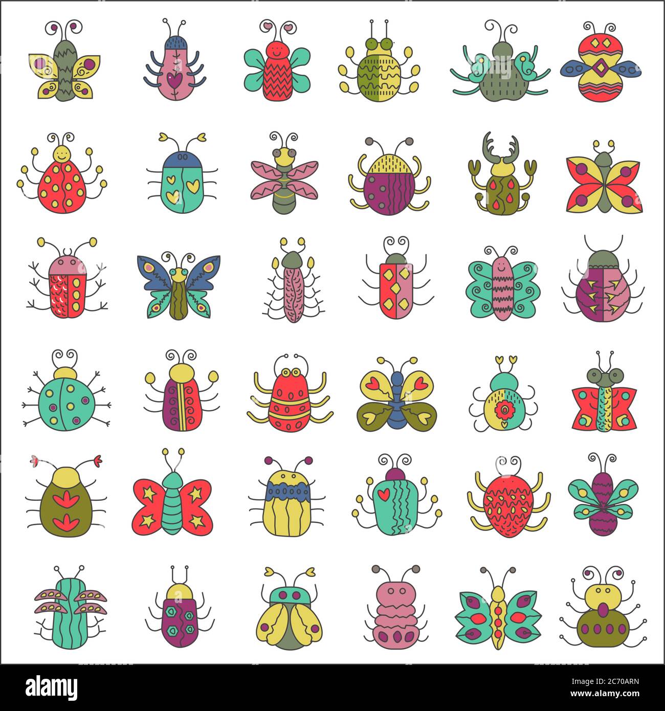 Set di icone insetti a linea piatta a colori. Butterfly, bug raccolta Illustrazione Vettoriale