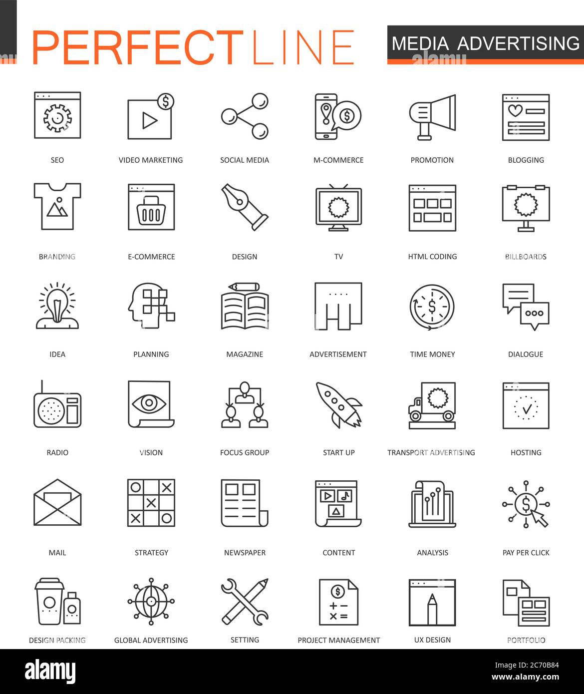 Media Pubblicità sottile linea Web icone set. Disegno icona traccia contorno Illustrazione Vettoriale