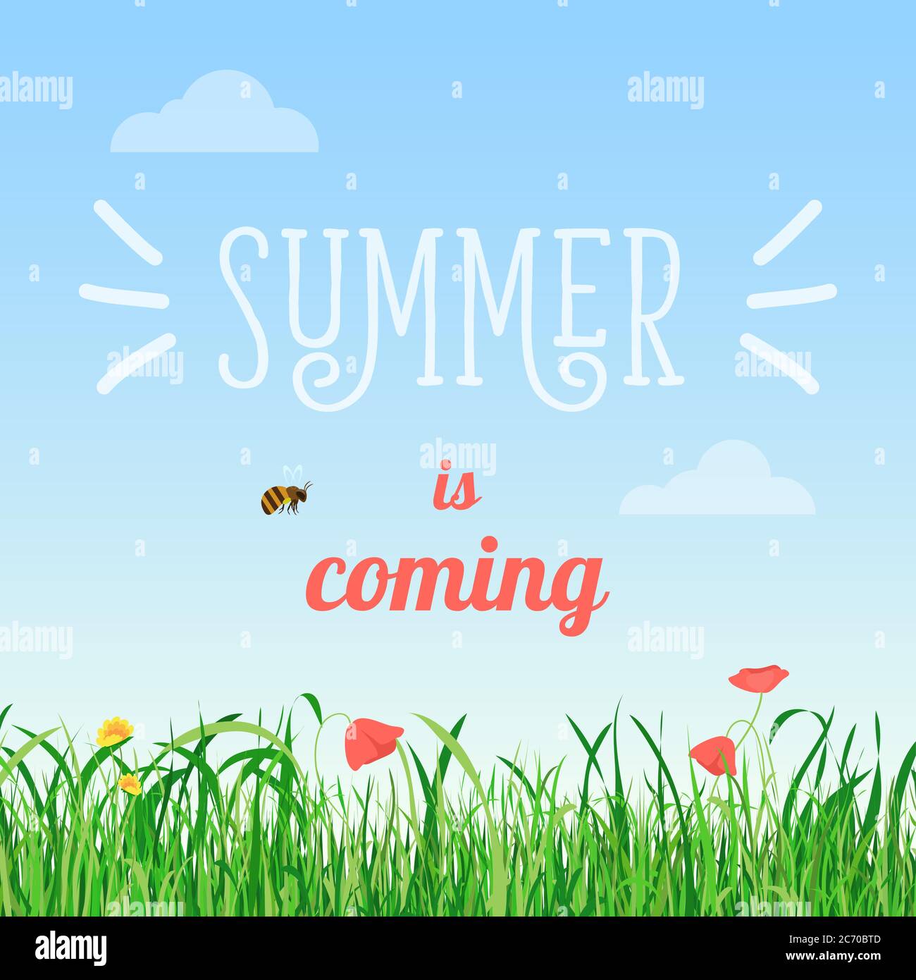 Illustrazione vettoriale dell'estate sta venendo parole nel campo con fiori e un'ape che vola Illustrazione Vettoriale