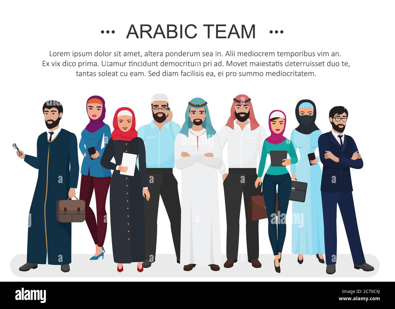 Lavoro di squadra di uomini d'affari arabi musulmani. Illustrazione vettoriale cartoon Illustrazione Vettoriale