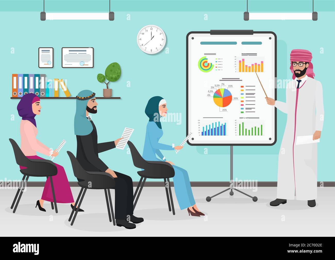 Uomini arabi musulmani di affari che hanno riunione di presentazione del consiglio in ufficio. Illustrazione vettoriale piatta di Cartoon Illustrazione Vettoriale