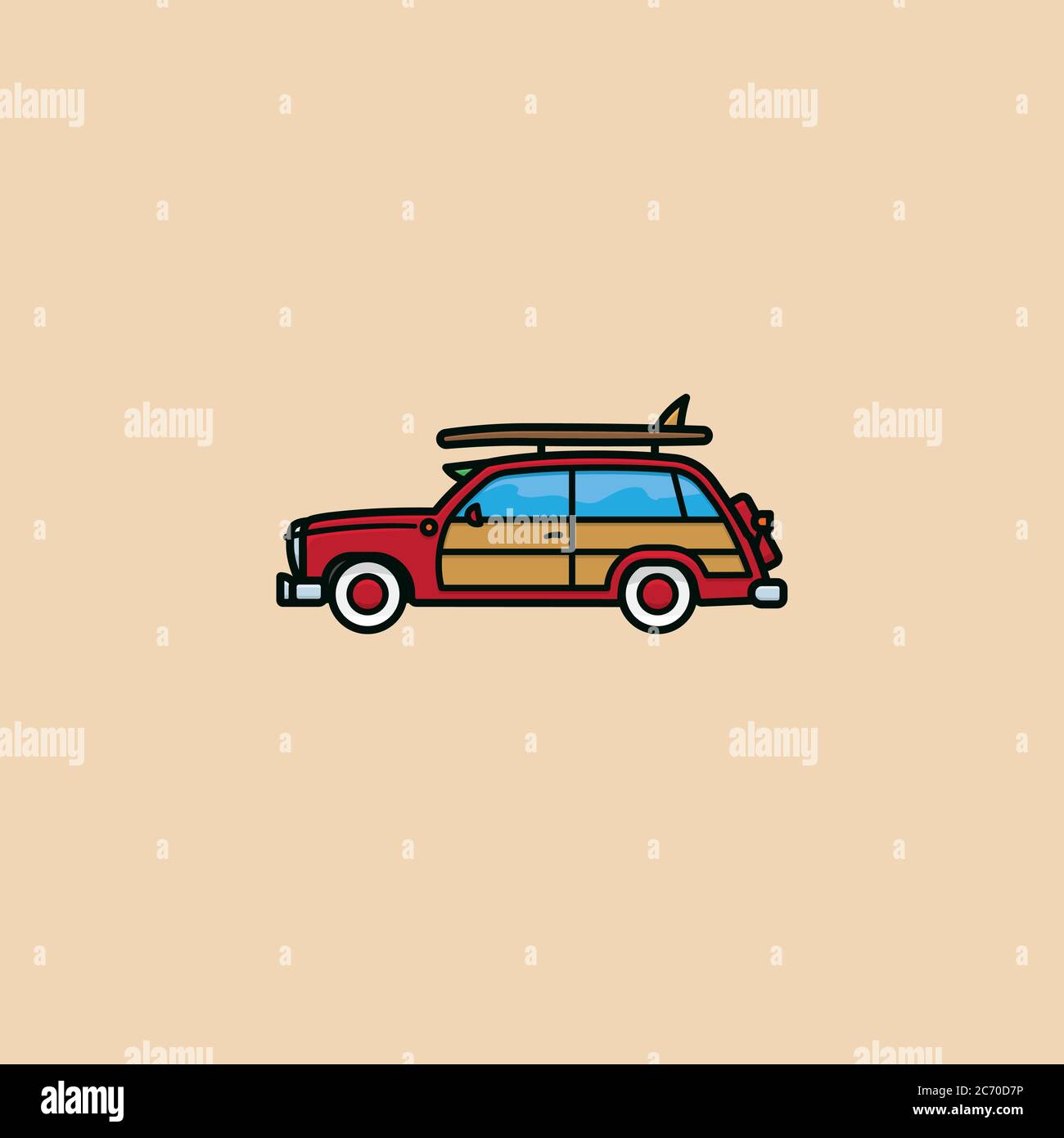 Woody Wagon surf viaggio automobile illustrazione vettore per National Woody Wagon Day il 18 luglio. Simbolo della vettura surfista. Illustrazione Vettoriale