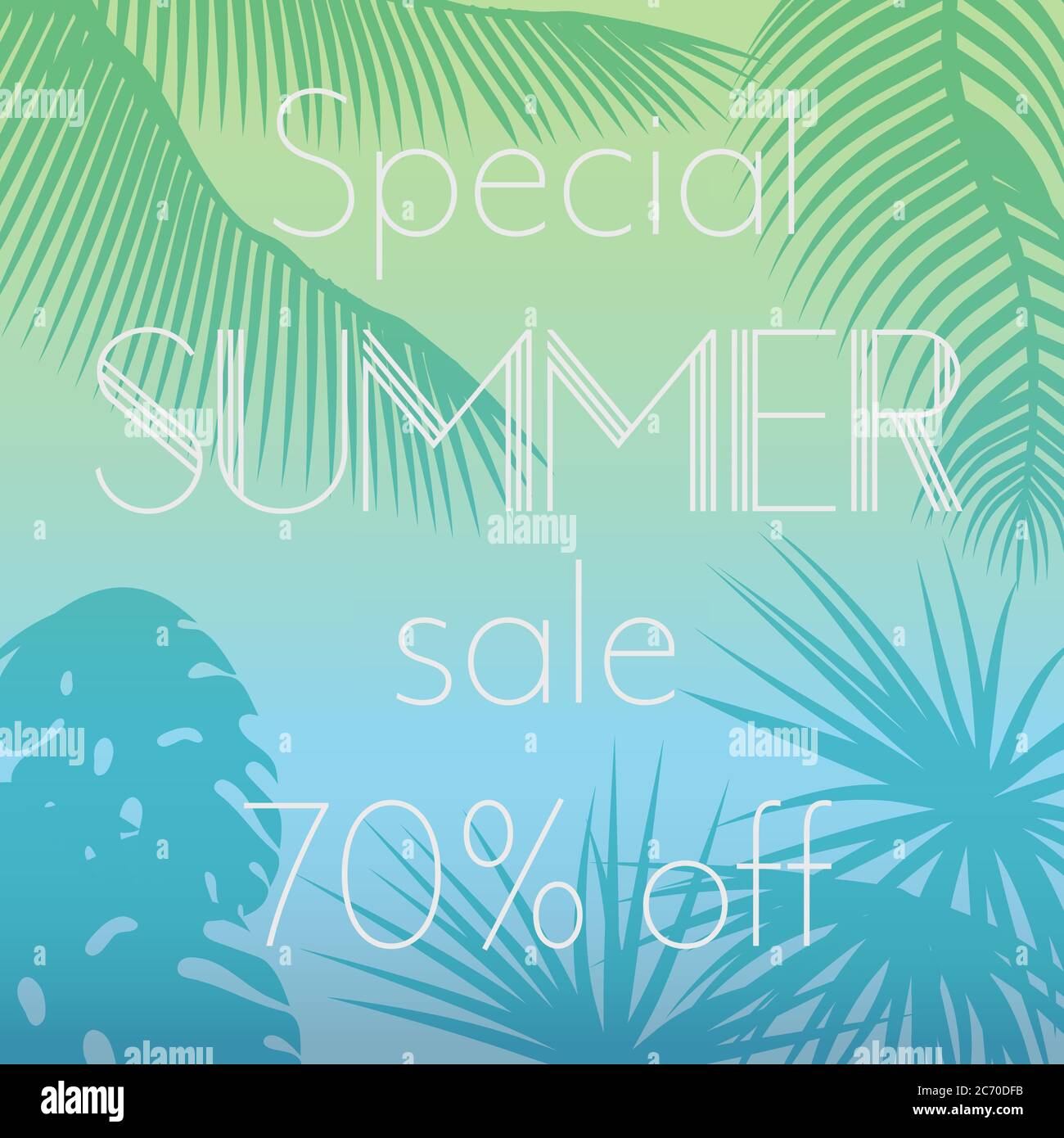 Immagine vettoriale di speciale estate vendita testo sullo sfondo di foglie di palma silhouette esotico banner, poster, volantino, scheda, cartolina, copertina brochure Illustrazione Vettoriale