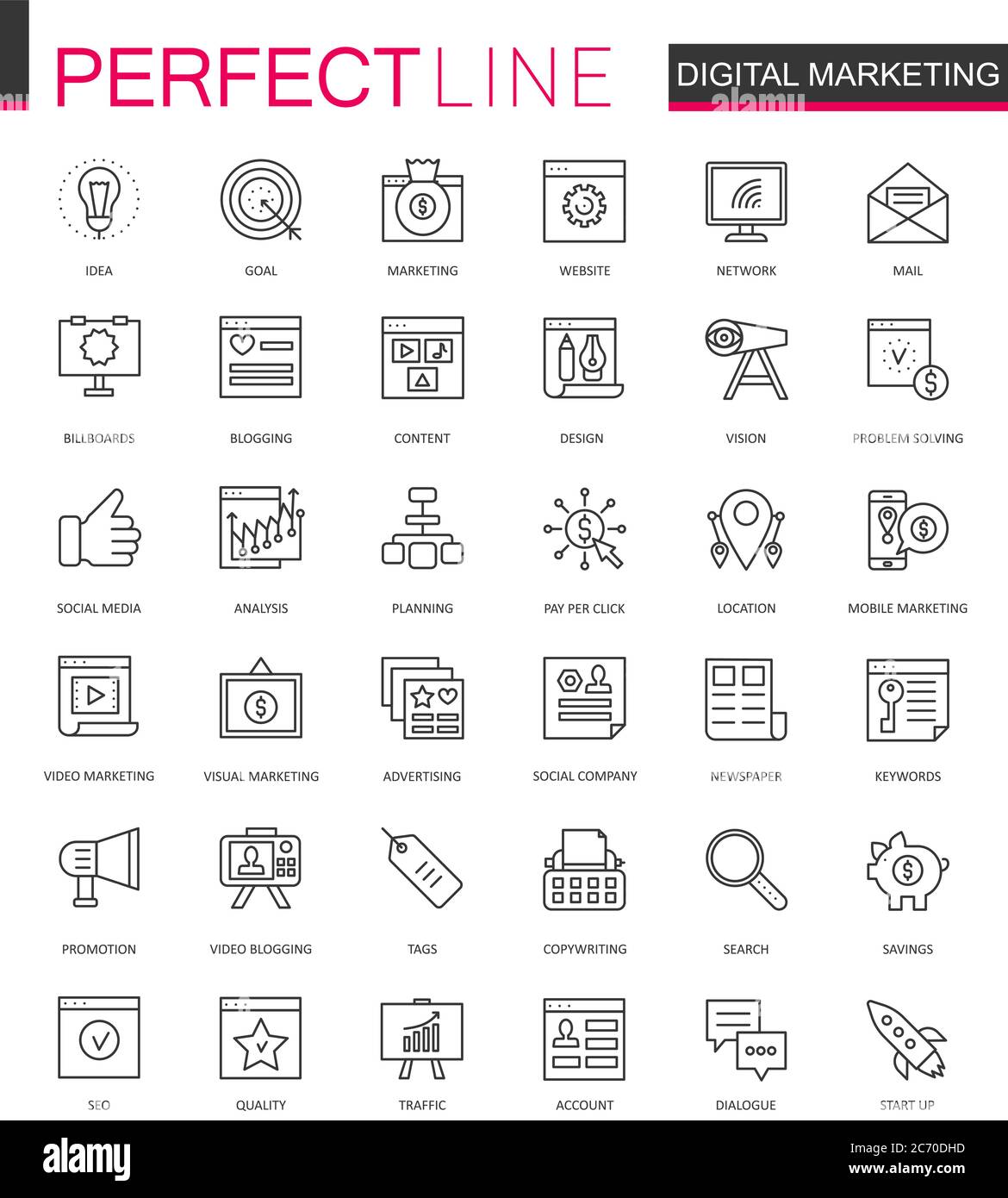 Set di icone Web sottili per il marketing digitale. Online business delineare icone colpo design Illustrazione Vettoriale