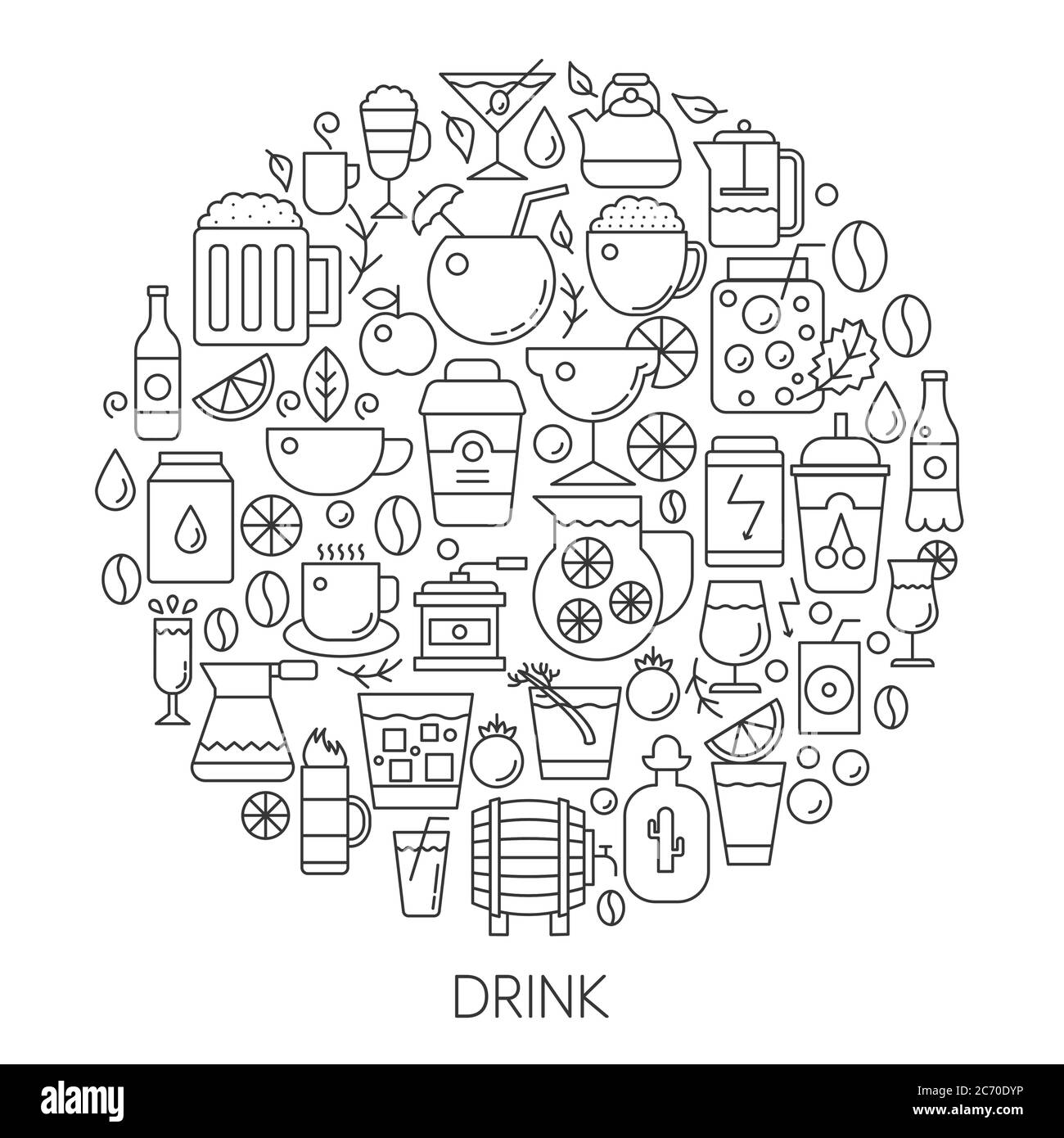 Icone dell'infografica sulle bevande in cerchio - illustrazione vettoriale della linea concettuale per copertina, emblema, badge. Insieme di icone di contorno Illustrazione Vettoriale