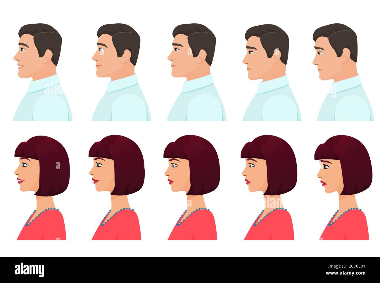 Set di espressioni avatar profilo maschio e femmina. Uomo e Donna profilo facciale emozioni dalla tristezza alla felicità. Illustrazione vettoriale cartoon Illustrazione Vettoriale