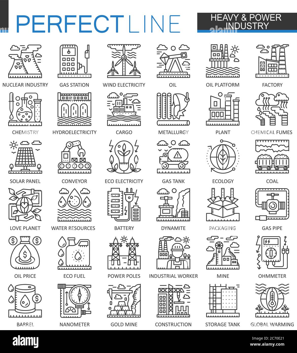 Simboli di concetto per il settore dell'energia pesante. Set di illustrazioni a corsa lineare a energia rinnovabile e in fabbrica. Icone sottili perfette Illustrazione Vettoriale