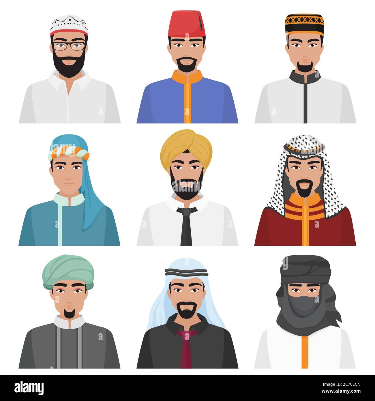 Avatar Men Medio Oriente set. Collezione di viso maschile musulmano arabo. Illustrazione vettoriale Illustrazione Vettoriale