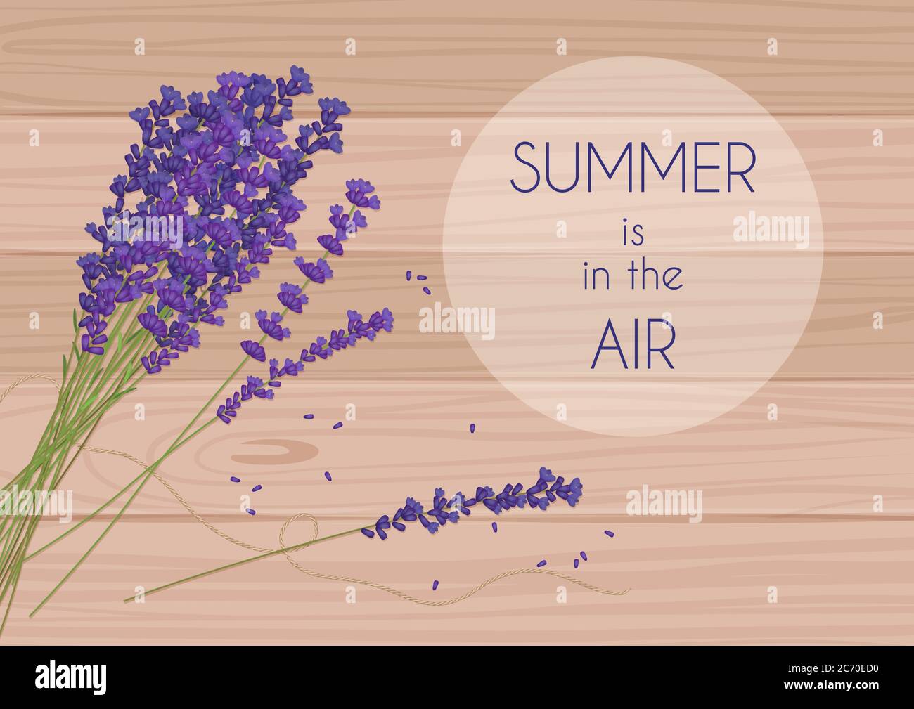 Fiori rustici viola con parole estive in aria in un cerchio su tavola di legno Illustrazione Vettoriale