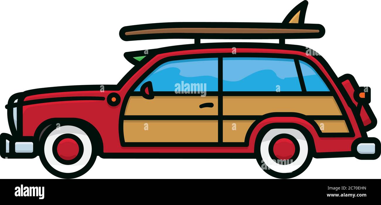 Woody Wagon viaggio di surf automobile isolato vettore illustrazione per il National Woody Wagon Day il 18 luglio. Simbolo della vettura surfista. Illustrazione Vettoriale