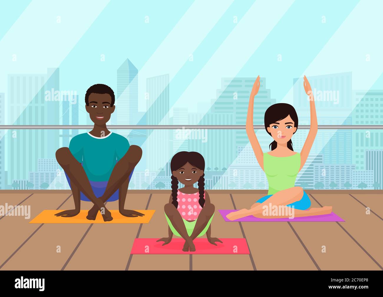 Illustrazione vettoriale della famiglia multietnica che medita nella sala fitness sullo sfondo della città Illustrazione Vettoriale