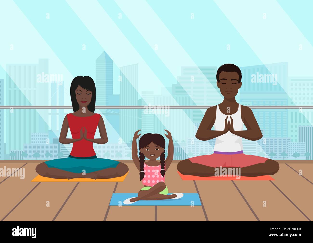 Illustrazione vettoriale della famiglia africana nera meditando in sala fitness sullo sfondo della città moderna Illustrazione Vettoriale