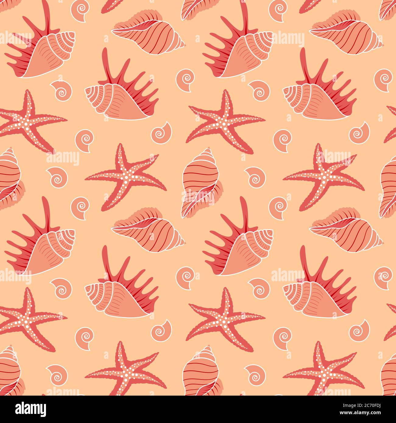Motivo senza cuciture con conchiglie su sfondo giallo. Design estivo della spiaggia. Illustrazione vettoriale. Illustrazione Vettoriale