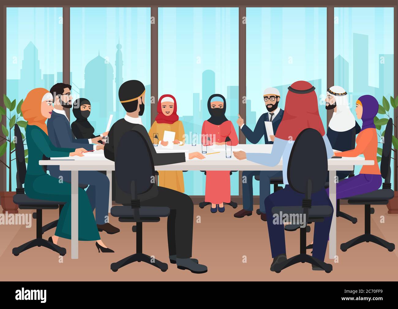 Gli uomini d'affari arabi discutono di meeting moderno ufficio. Conferenza musulmana vettore di fumetti piatti Illustrazione Illustrazione Vettoriale