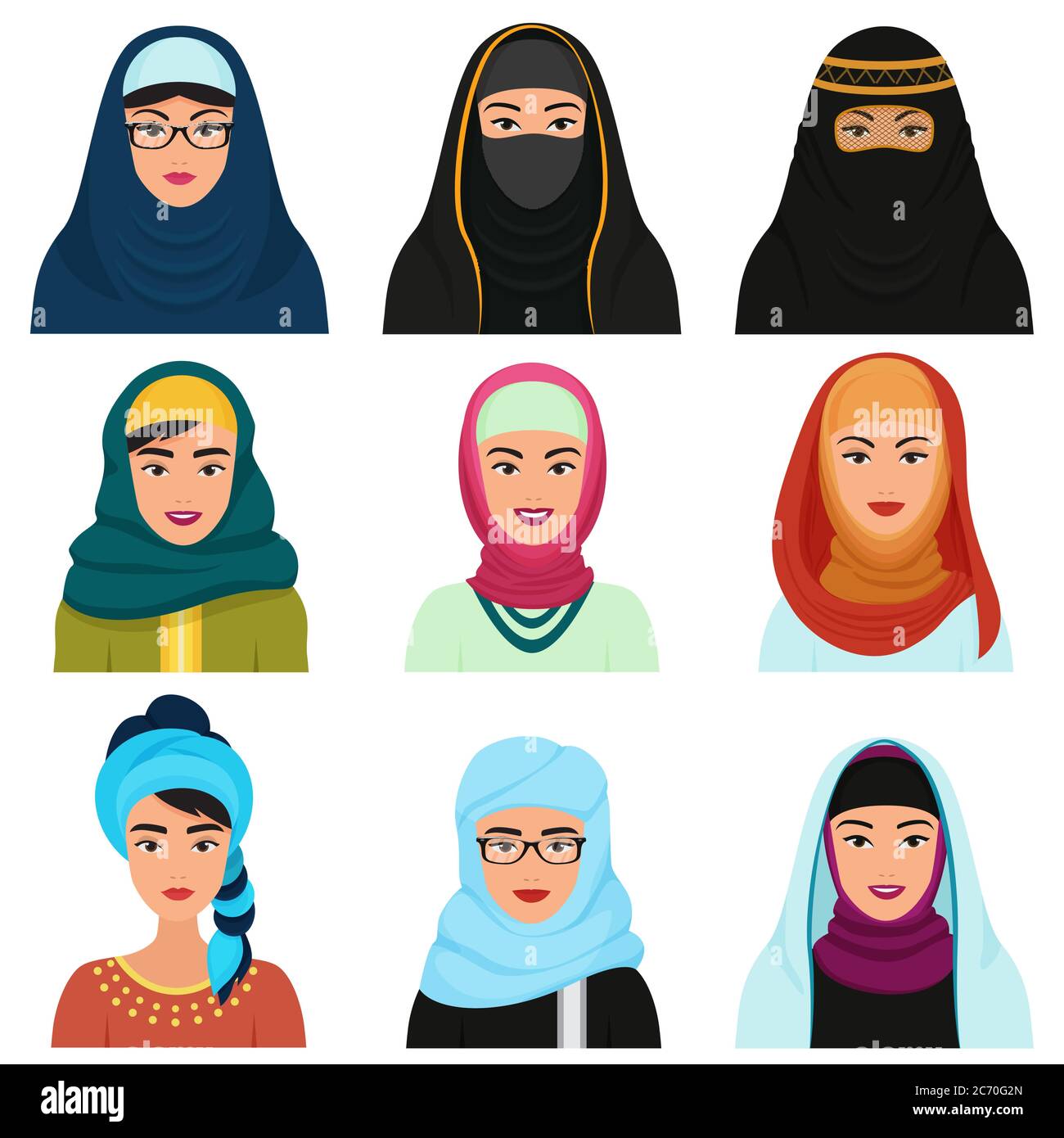Set avatar femmina medio-orientali. Arabian musulmana donna tradizionale hijab viso raccolta Illustrazione Vettoriale