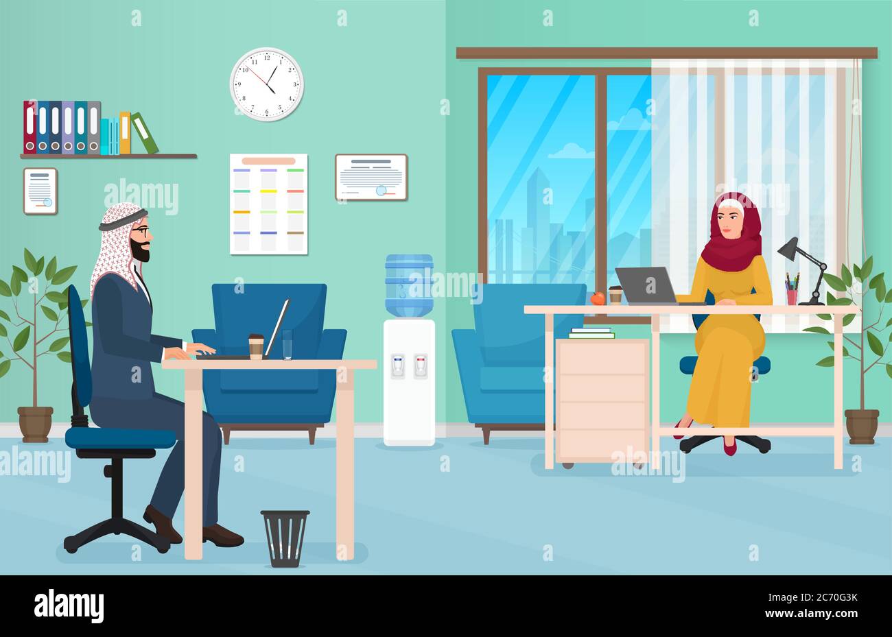 Arab Business People in Office. Musulmano Arabo maschio e femmina che lavora sul portatile. Illustrazione vettoriale Illustrazione Vettoriale